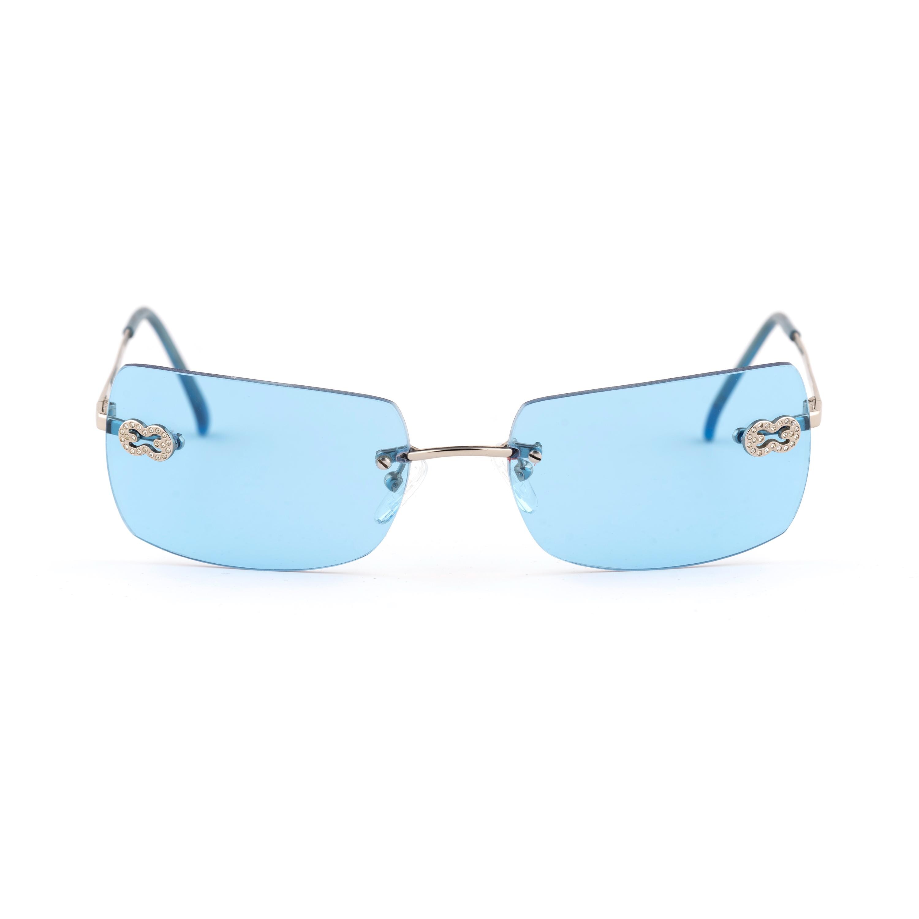 Rimless Blue Sunglasses, Escada 90s Vintage, Silver Diamond Y2K