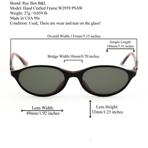 May include: Ray Ban B&L sunglasses with a black frame and green lenses. The overall width is 5.15 inches, with a lens width of 1.92 inches and a lens height of 1.25 inches. The temple length is 5.51 inches. Made in the USA in the 90s.