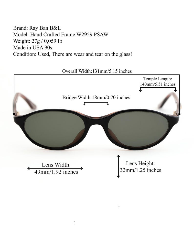 May include: Ray Ban B&L sunglasses with a black frame and green lenses. The overall width is 5.15 inches, with a lens width of 1.92 inches and a lens height of 1.25 inches. The temple length is 5.51 inches. Made in the USA in the 90s.
