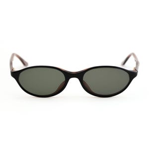 May include: Oval-shaped sunglasses with a black frame and dark green lenses. The temples are a dark brown color. The sunglasses are set against a white background.