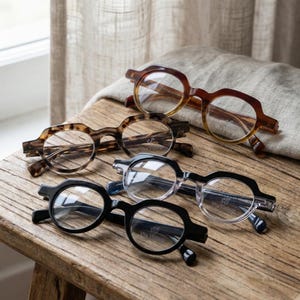 Kleine runde Brille, klobiger Acetat-Panto-Rahmen, 41-mm-Linse mit hoher Stärke Brille, handgefertigt Italien, Tortoise, schwarz optisch