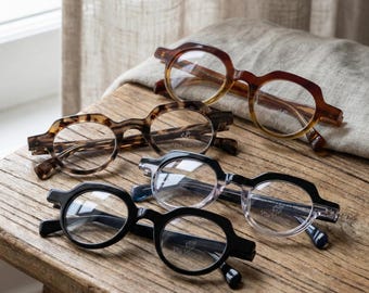 Gafas redondas pequeñas, montura gruesa de acetato, lentes de 41 mm, graduadas, hechas a mano en Italia, color carey, óptica negra.