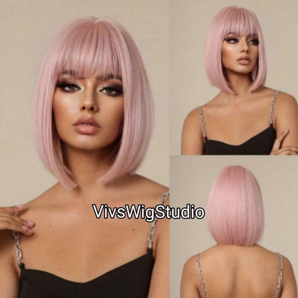 Pink barbie bob wig with bangs