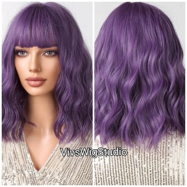 Short purple wavy synthetic wig with bangs