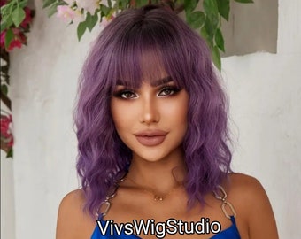 Short Wavy purple synthetic wig with bangs