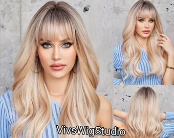 Long synthetic ombre wig with dark roots and blong ends