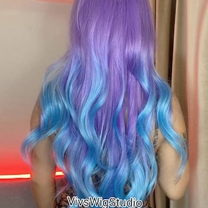 Long purple and blue wig with Heat resistant hair and waves/synthetic wig