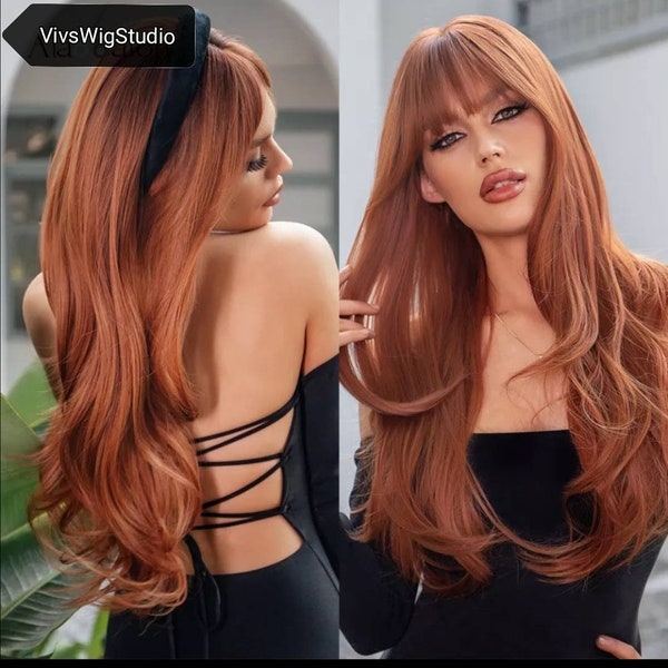 Long copper reddish synthetic wig with bangs and layers