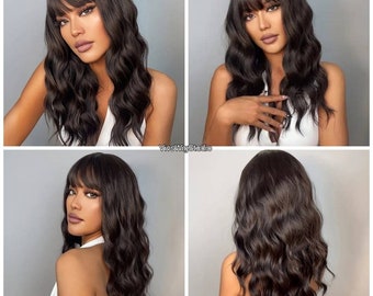 Long dark brown wavy synthetic wig with bangs