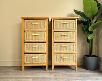 Pair of vintage tall boy chest of drawers rattan straw bedside tables