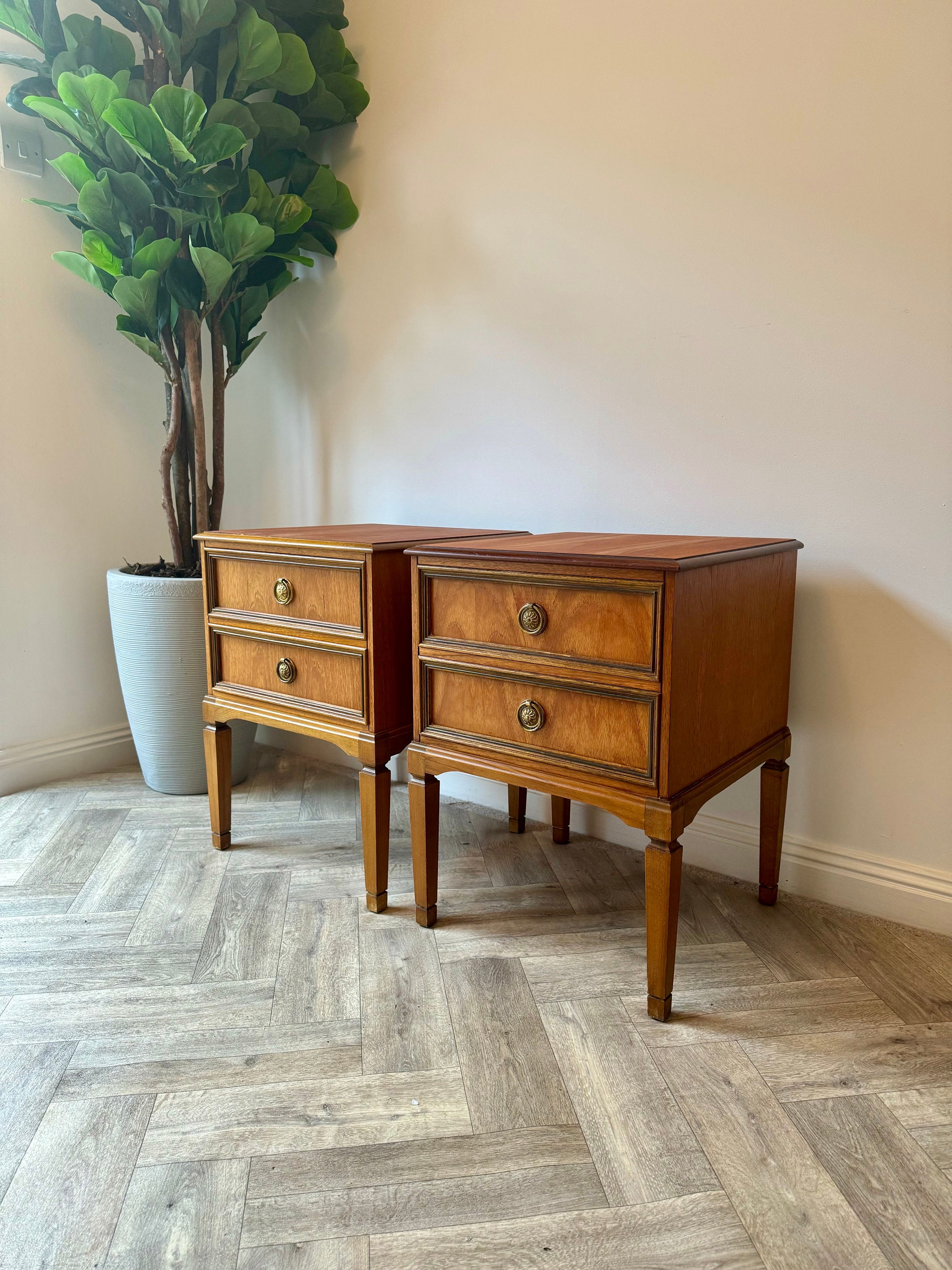 Pair of Wood Effect Bedside Tables With Gold Coloured Handles Two
