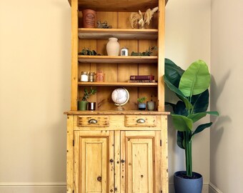 Antique Pine Dresser Sideboard with Shelving and Drawers – Rustic Farmhouse Cabinet Pantry