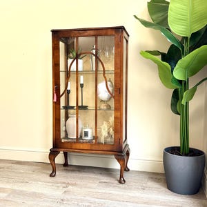 May include: A vintage wooden display cabinet with glass panels, showcasing decorative items. The cabinet is a rich brown hue, with curved legs. Inside are candles, a globe, and a vase. A large potted plant is to the right.