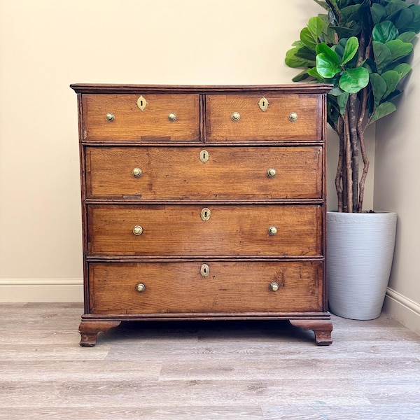 Antique Georgian Chest of Drawers: Solid Wood Inlay, Metal Handles