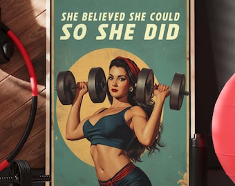 Retro Strong Woman Gym Poster, Weightlifting Art (Digital Download)