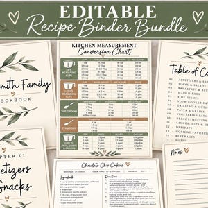 May include: An editable recipe binder bundle featuring cream-colored pages with green leaf illustrations and black text. Includes a cover titled The Smith Family Cookbook, a kitchen measurement conversion chart, a table of contents, a chapter page, and a recipe card.