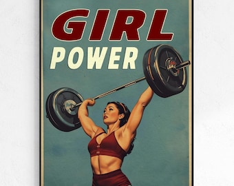 Retro Gym Poster, Strong Woman Weightlifting Art (Digital Download)