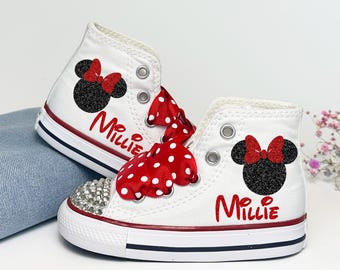 Glitter Minnie Mouse Converse: Custom High Top Sneakers with Red Polka Dot Ribbon