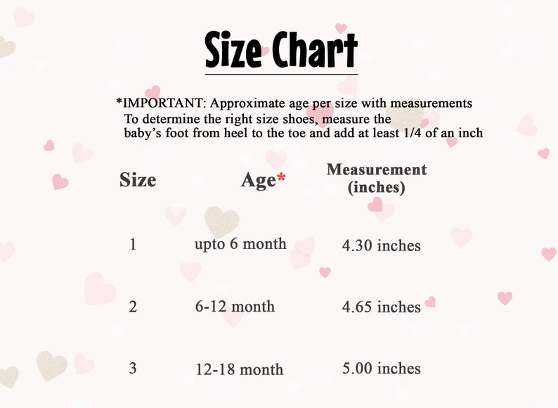 May include: A size chart for baby shoes, with measurements in inches. The chart includes sizes 1, 2, and 3, with corresponding age ranges and foot measurements. The text also includes instructions on how to measure a baby's foot.