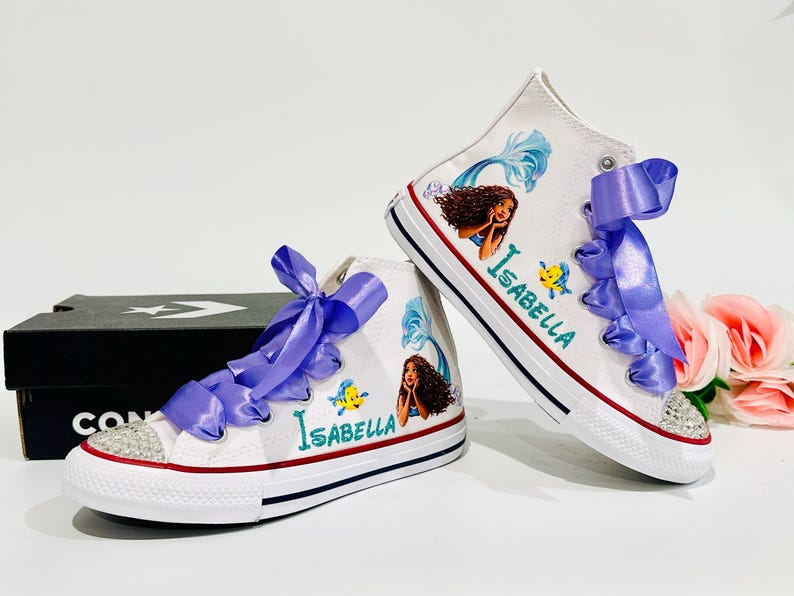 Little Mermaid Custom Converse, Personalized Black Ariel High Top Sneakers, Disney Princess Birthday Baby Toddler Shoes image 5
