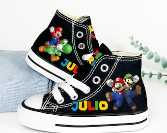 Custom Super Mario Converse, Mario Luigi Black Baby Toddler Sneakers, Mario Birthday Outfit Shoes