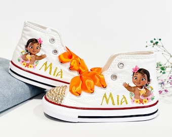 Moana Toddler Converse Sneakers, Custom Baby Moana Birthday Girl Gift, Moana Girl Outfit, Disney Princess Shoes with Name & Orange Ribbon