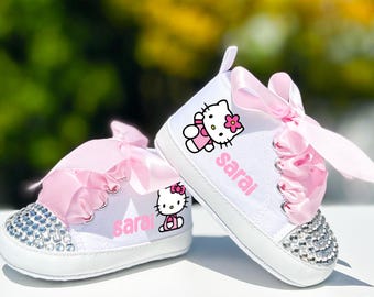 Chaussures bébé personnalisées Kitty - Chaussures montantes personnalisées pour bébé fille chaton mignon mignon avec nom