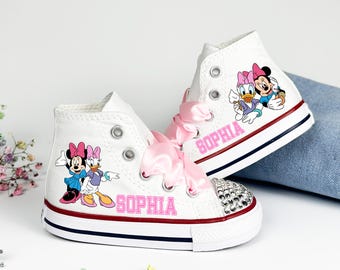 Minnie Daisy Besties Converse, Custom Minnie Mouse and Daisy Duck Bling High Top Sneakers For Baby and Toddler Girls, Disney Birthday Gift