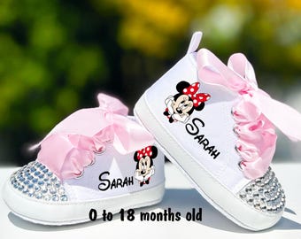 Disney Minnie Mouse Baby Girl White Shoes with Clear Rhinestones and Pink Ribbon, Personalized baby girl gift, Minnie baby shower