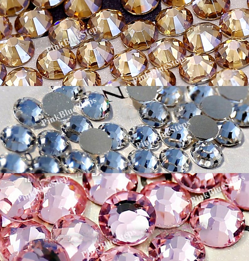 May include: Close-up of three groups of faceted rhinestones in different colors. The top group is a golden-brown color, the middle group is silver, and the bottom group is a light pink color. The text "PinkBlueSteps" is visible.