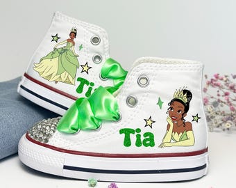 Custom Princess Tiana Converse Sneakers: Sparkle High Tops, Green Ribbon Laces