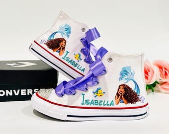 Converse personnalisées petite sirène, baskets montantes personnalisées Ariel noires, chaussures pour tout-petits anniversaire princesse Disney