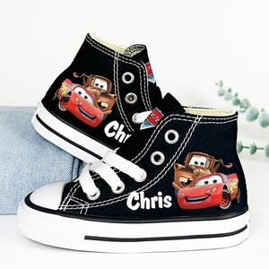 Lightning McQueen Mater Cars Custom Converse, Cars Toddler Shoes, Disney Cars High Top Kid Sneakers, Available in White and Black Converse