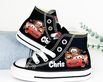 Lightning McQueen Mater Cars Custom Converse, Cars Toddler Shoes, Disney Cars High Top Kid Sneakers, Available in White and Black Converse