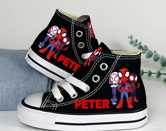 Spidey and His Amazing Friends Black Converse, Spidey Birthday Personalized High Top Sneakers, Spider Man Boy Shoes, Spiderman Birthday