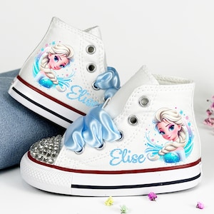Custom Frozen Elsa Bling Converse for Toddler Girls – Personalized Sparkly Frozen Shoes – Princess Elsa High Top Sneakers with Name
