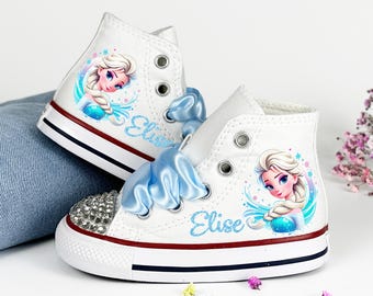 Custom Frozen Elsa Bling Converse for Toddler Girls – Personalized Sparkly Frozen Shoes – Princess Elsa High Top Sneakers with Name