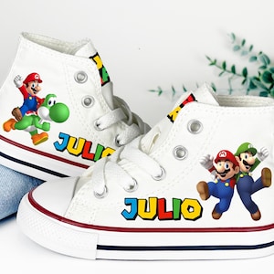 Super Mario Converse, Custom Super Mario Luigi Bros High Top Sneakers for Baby Toddler Boys Girls– Gamer Birthday Shoes