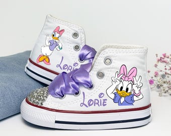 Baskets Converse hautes Bling Daisy Duck personnalisées pour bébés et filles en bas âge, tenue d'anniversaire de fille Disney