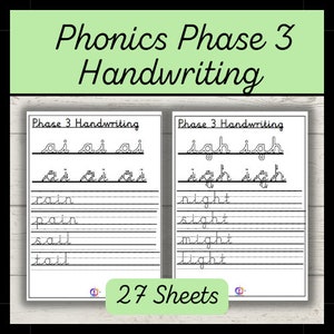 Puede incluir: Dos hojas de trabajo blancas con práctica de escritura. La parte superior de la imagen dice "Phonics Phase 3 Handwriting". La hoja de trabajo izquierda tiene palabras con "ai", y la derecha con "igh". La parte inferior de la imagen dice "27 Sheets."
