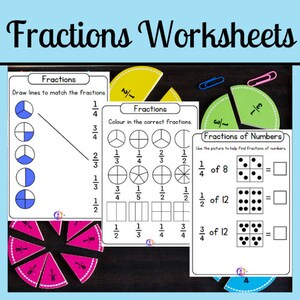 May include: A set of printable worksheets for teaching fractions. The worksheets feature colorful circles divided into different fractions, along with exercises for matching fractions, coloring in fractions, and finding fractions of numbers.