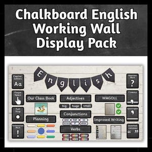 Könnte beinhalten: Ein Wanddisplay-Paket für Englisch im Tafelstil. Die Anzeige enthält Abschnitte für Großbuchstaben, Adjektive, Konjunktionen, Verben und Satzzeichen. Das Banner schreibt "English".