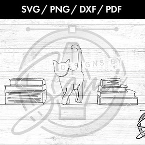 May include: A black and white line drawing of a cat walking between two stacks of books. The image includes the text "SVG / PNG / DXF / PDF" at the top and a logo at the bottom. The cat is the central focus.