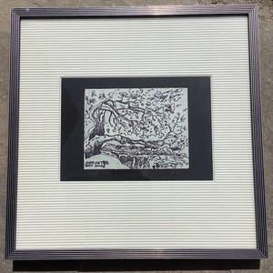 Pen & ink landscape drawing.  Small well framed artist signed drawing of “Santa Fe Tree Over Gorge.”