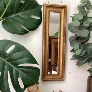 May include: A tall, narrow rectangular mirror with a gold-toned, textured frame. The mirror is positioned above a collection of vintage books, including titles by Lord Byron and William Black, alongside two brass owl figurines and a small angel statue.