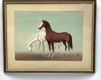 Japanese horse painting.  Mid sized vintage gouache/tempera Japanese painting of two horses.