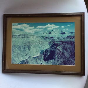 Colorized Grand Canyon photograph.  Large vintage framed blue colorized photograph of the Grand Canyon.