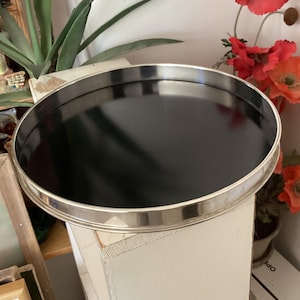 Silver rimmed black lacquer tray.  Large round vintage Newport Harbor Yacht Club tray with engraved silverplate rim.