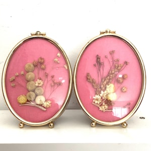 May include: Two vintage oval-shaped frames with gold-colored metal rims. Each frame contains a pink background with dried flowers and seed pods. The frames have small feet for standing and a clasp at the top.