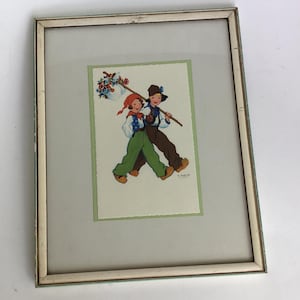 Happy vagabonds print.  Small vintage well matted and framed print of 2 little vagabonds.